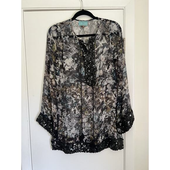 TAJ by Sabrina Crippa Tops - Taj By Sabrina Crippa Women’s Beaded Silk Floral Tunic Top Coverup lace up small
